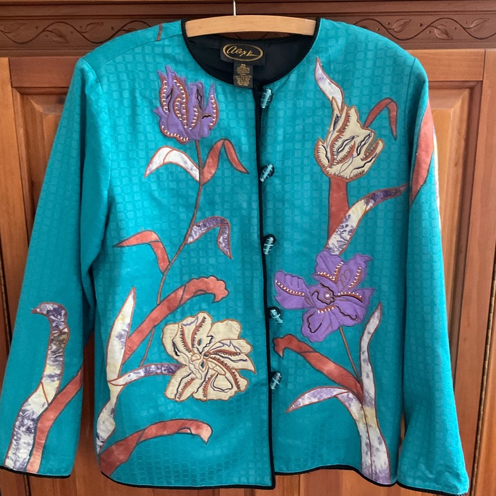 Alex Kim Embroidered Turquoise Flower Appliqué Mandarin Jacket Petite Sz S (PS)